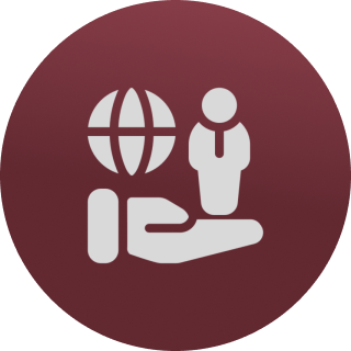 Hand holding person with globe icon