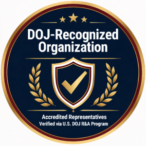 DOJ-recognized organization badge with checkmark